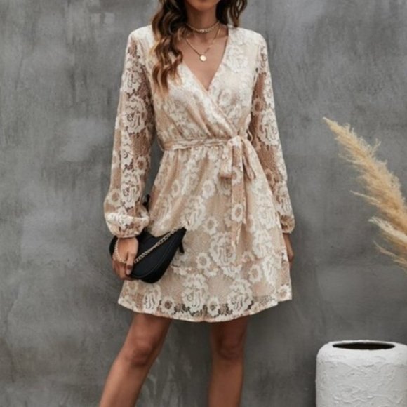 . Dresses & Skirts - Overlap Collar Ruffle Hem Belted Lace Dress